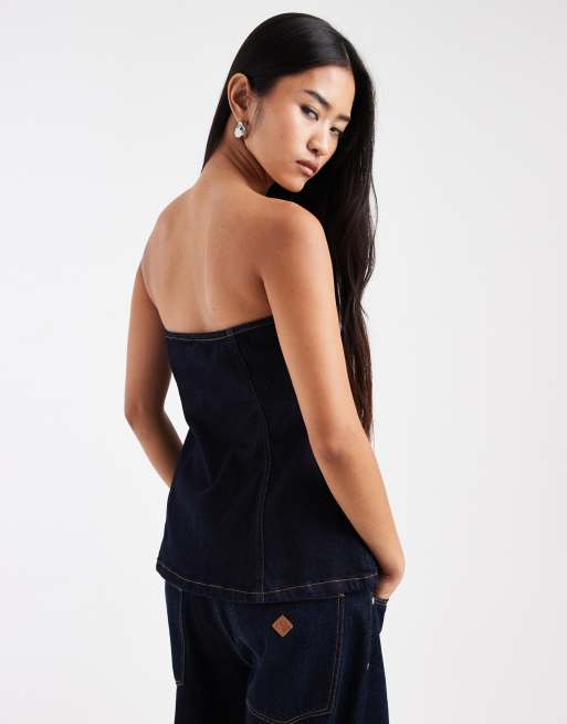 Miss Selfirdge – Indigoblå bandeau-topp i denim med knappar, 2 av 4