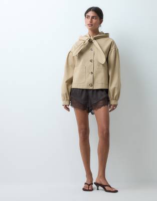 Miss Selfridge Miss Selfrdige Cropped Trench Coat With Tie Neck Detail-neutral