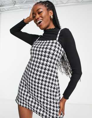 Miss Selfridge 2 In 1 Cami Dogtooth Dress In Black & White