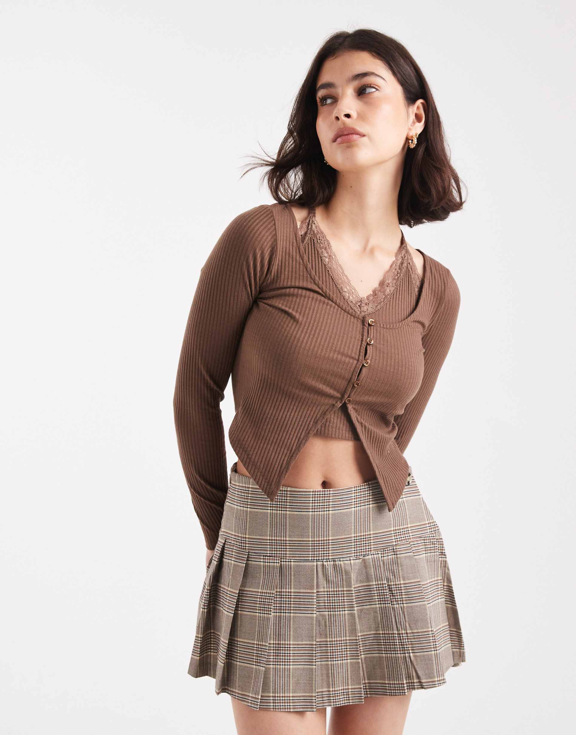 miss selfridge 2 in 1 cardigan ribbed top in chocolate