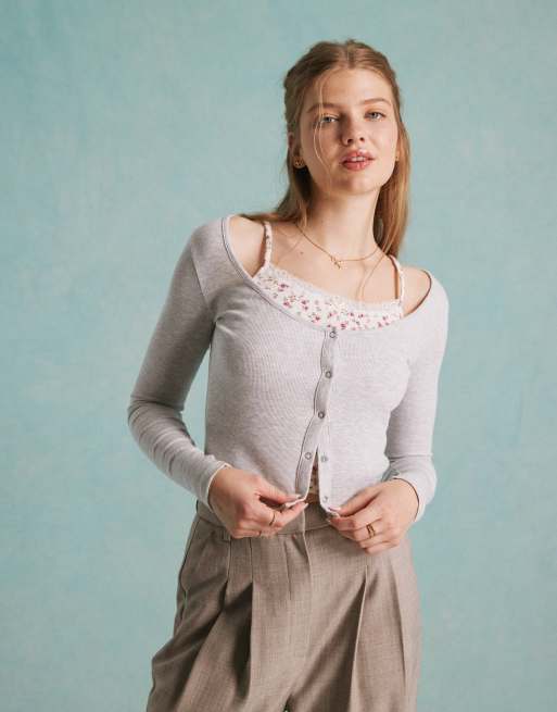 Miss Selfridge 2 in 1 floral insert top in gray heather