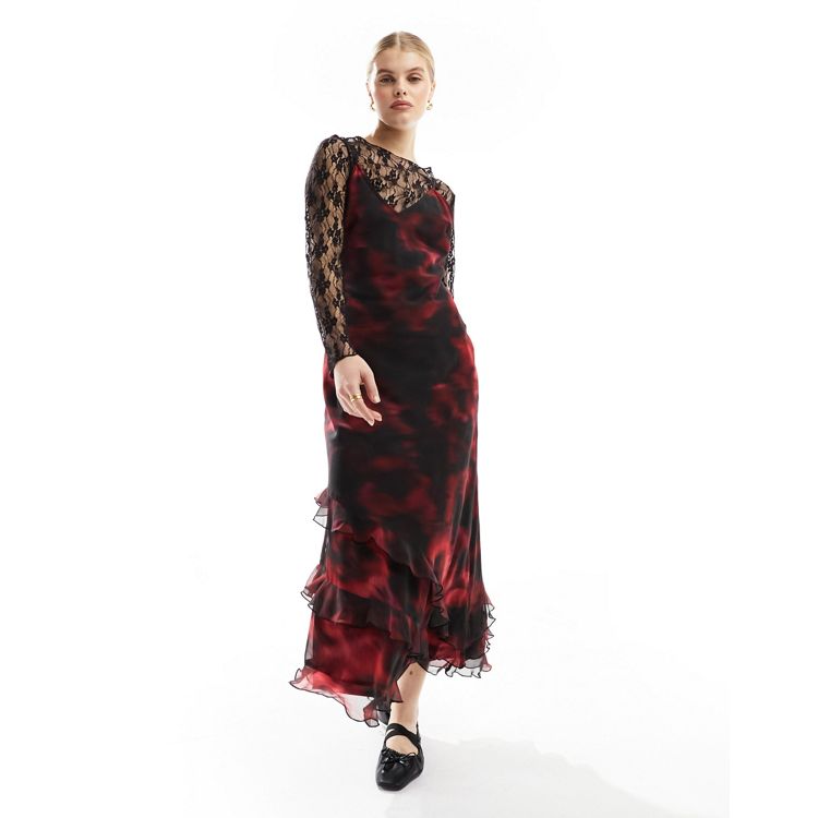 Miss Selfridge 2 in 1 lace and chiffon slip dress in blurred 