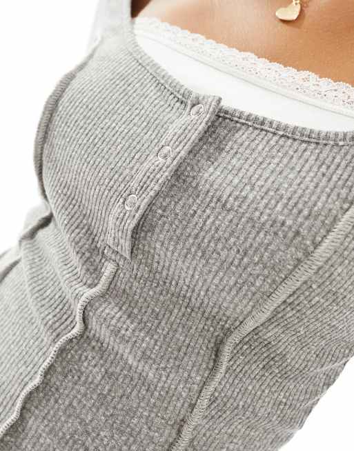 Miss Selfridge 2 in 1 rib popper top with lace insert in grey marl, 2 of 4