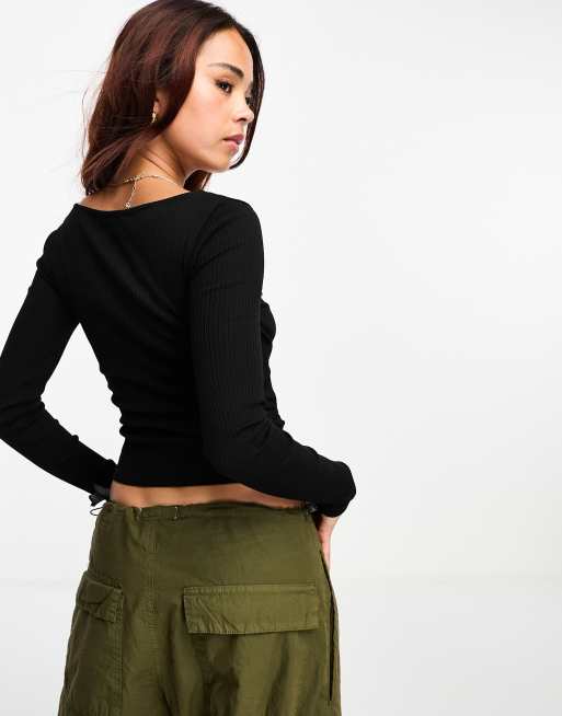 Miss Selfridge 2 in 1 rib wrap top with cami insert in black, 2 of 4
