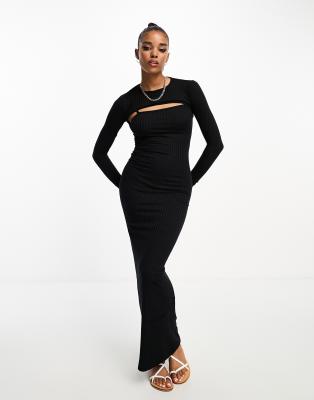 2 in 1 strappy maxi dress with long sleeve top in black