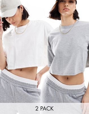 Miss Selfridge 2 pack cropped tee in white and grey marl