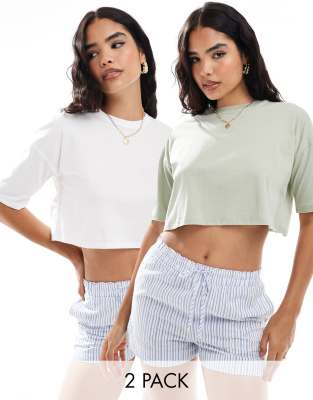 Miss Selfridge 2 pack cropped tee in white and sage-Multi