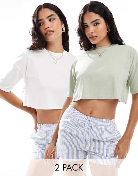 Miss Selfridge 2 pack cropped tee in white and sage - view 1