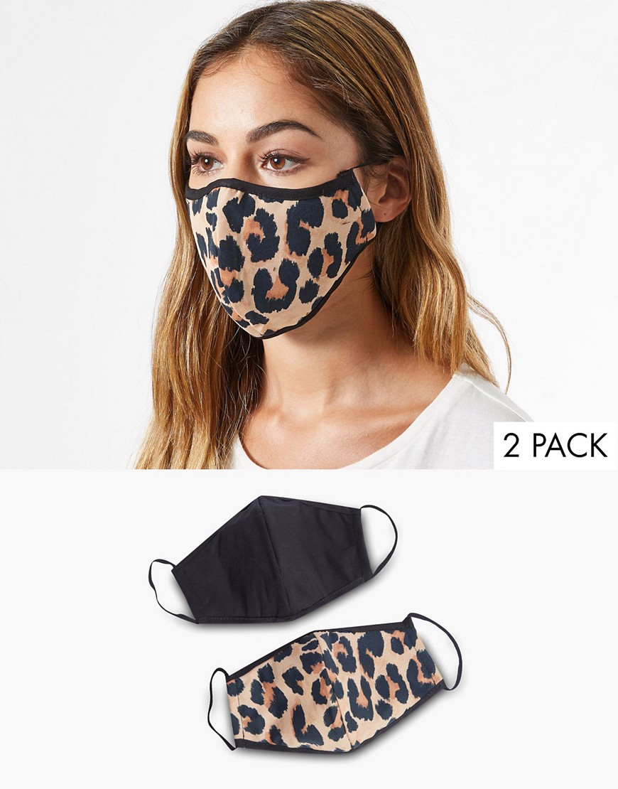 Miss Selfridge 2 pack face coverings in black and leopard print-Yellow