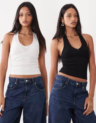 Miss Selfridge 2 Pack Halterneck Tops With Picot Trim Detail-multi In Black