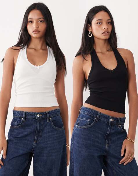 Miss Selfridge 2 pack halterneck tops with picot trim detail - view 1