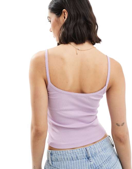 Miss Selfridge 2 pack lace trim rib cami top in white and lilac, 2 of 4