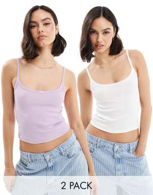 Miss Selfridge 2 Pack Lace Trim Ribbed Cami Top In White And Lilac-multi