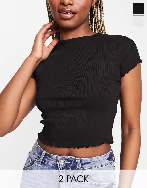 Miss Selfridge 2 pack lettuce edge tee in black and white 