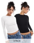 [Miss Selfridge] Miss Selfridge 2 pack long sleeve rib crew neck top in white and black-Multi 14 Black & white