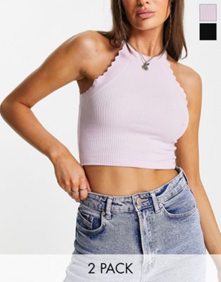 Miss Selfridge 2 pack scallop edge crop top in lilac and black
