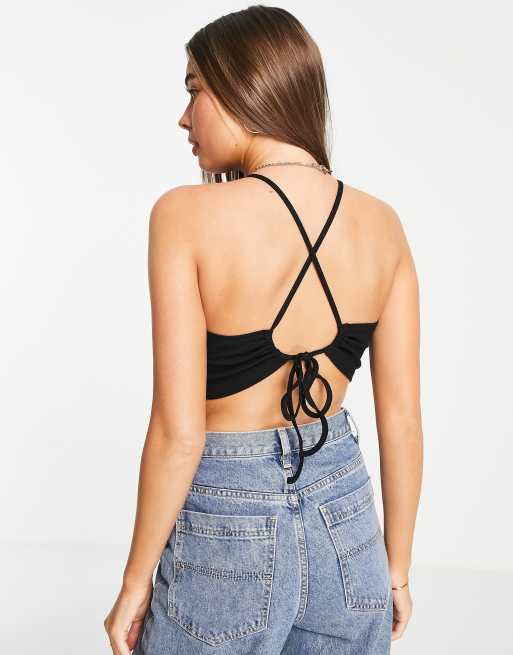 Miss Selfridge 2 pack sleeveless strappy back halter neck crop top in black and green, 4 of 4