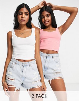 Miss Selfridge 2 pack sleeveless sweetheart neck crop top in white and pink