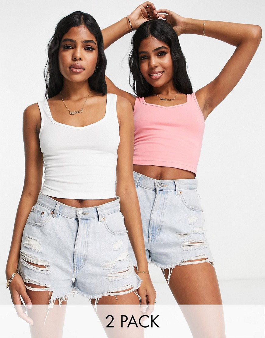 Miss Selfridge 2 pack sleeveless sweetheart neck crop top in white and pink