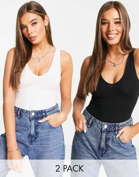 Miss Selfridge 2 pack sleeveless voop neck bodysuit in black and white - view 1