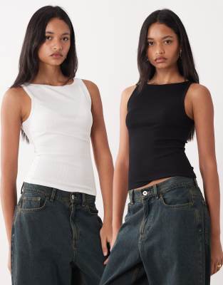 Miss Selfridge 2 Pack Tank Tops With Picot Trim-white In Multi