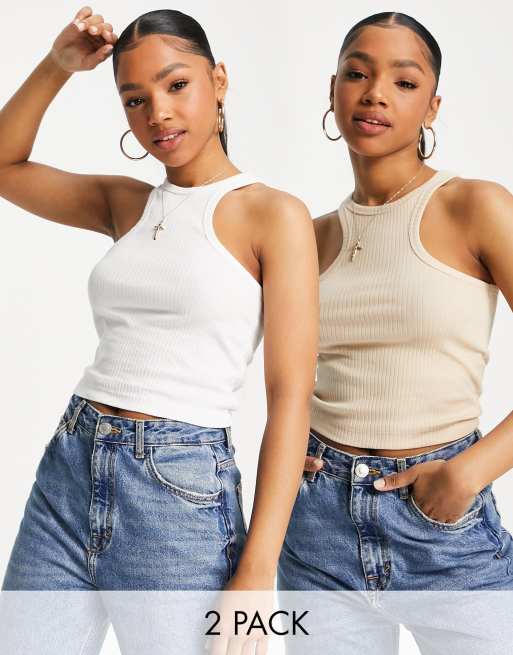 Miss Selfridge – 2er-Pack ärmellose Trägertops in Camel und Weiß mit Ringerrücken 