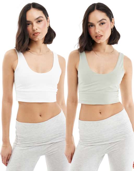 Miss Selfridge – 2er-Pack Bustiers in Weiß und Salbeigrün mit U-Ausschnitt