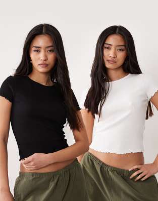 Miss Selfridge - 2er-Pack gerippte T-Shirts mit Kräuselsaum-Bunt
