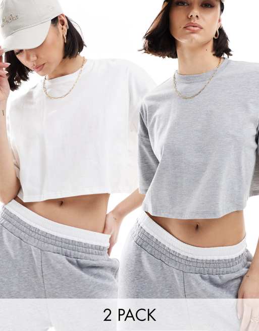 Miss Selfridge – 2er-Pack kurz geschnittene T-Shirts in Weiß und meliertem Grau