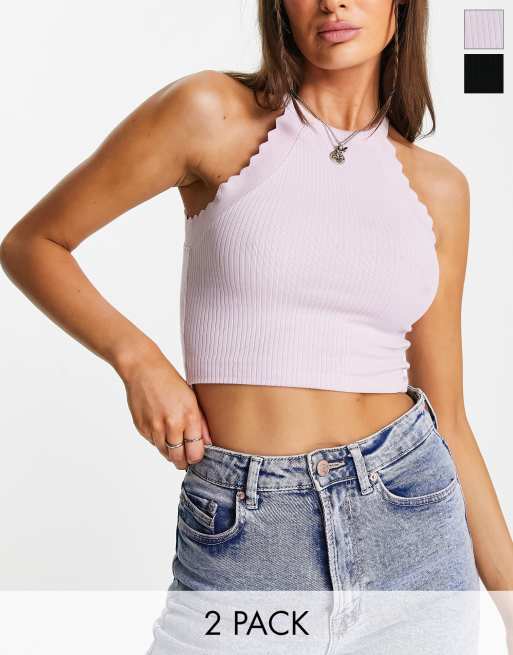 Miss Selfridge – 2er-Pack kurze Oberteile in Flieder und Schwarz mit Muschelsaum 