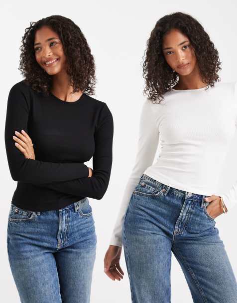 Miss Selfridge – 2er-Pack langärmlige, gerippte Oberteile in Weiß und Schwarz mit Rundhalsausschnitt - view 1
