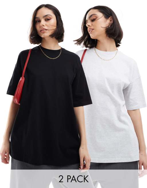 Miss Selfridge – 2er-Pack Oversize-T-Shirts in Schwarz und meliertem Grau