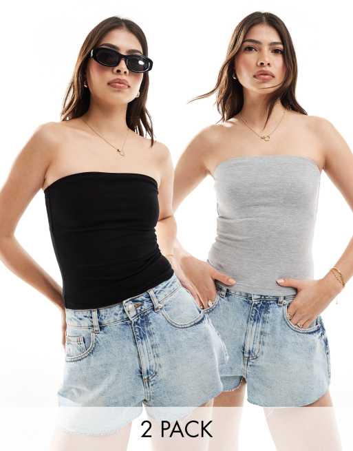 Miss Selfridge – 2er-Pack trägerlose Oberteile in Schwarz und Grau meliert