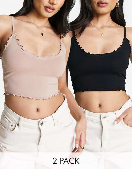 Miss Selfridge – 2er-Pack Trägertops in Schwarz und Mokka mit Wellensaum 