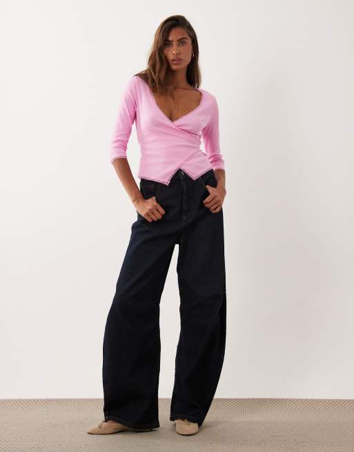 Miss Selfridge 3/4 sleeve wrap top in pink, 2 of 4
