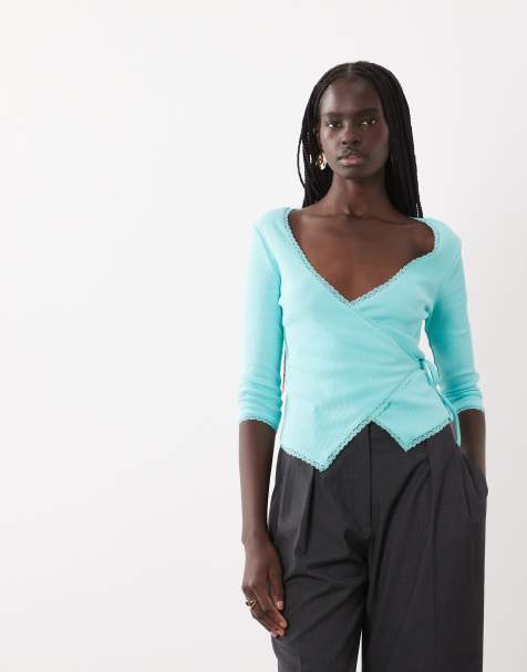 Miss Selfridge 3/4 sleeve wrap top in teal - view 1