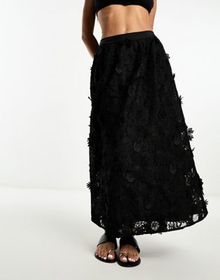 Miss Selfridge 3D floral maxi skirt in black | ASOS