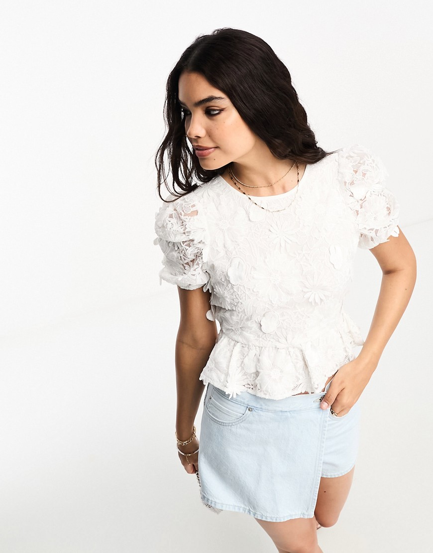 Miss Selfridge 3D floral puff sleeve top in ivory-White