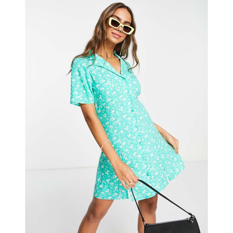 Miss Selfridge 90s collared button up fit and flare shirt dress in green  floral