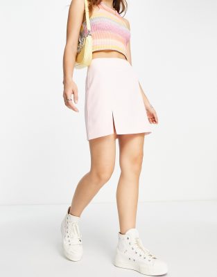 Miss Selfridge Slit Hem Mini Skirt In Pale Pink