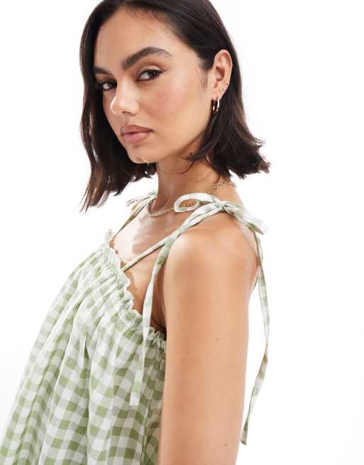 Miss Selfridge - Aangerimpelde jurk met gestrikte schouders in saliegroene gingham ruit, 4 van 4