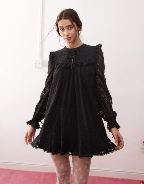 Miss Selfridge - Aangerimpelde jurk met strik en kant in zwart - view 1