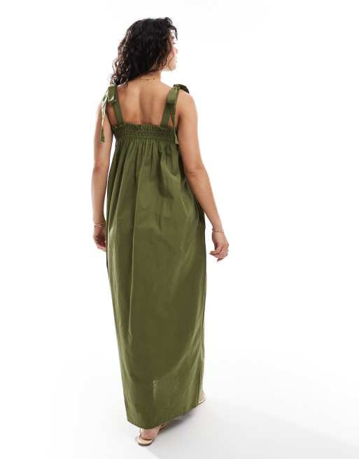 Miss Selfridge - Aangerimpelde maxi jurk van popeline met bandjes in olijfgroen, 4 van 4