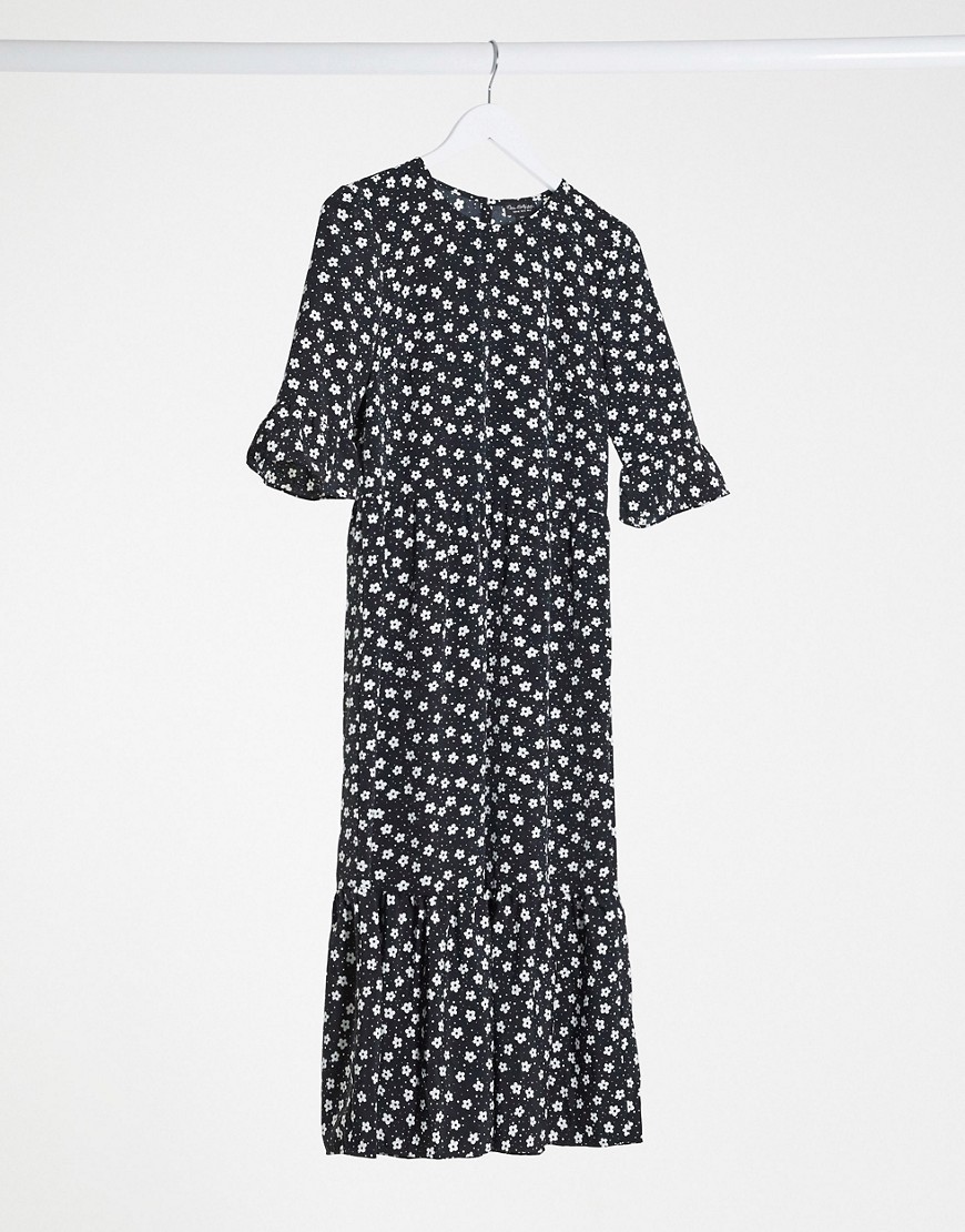 Miss Selfridge - Aangerimpelde midi-jurk met bloemenprint in zwart/wit