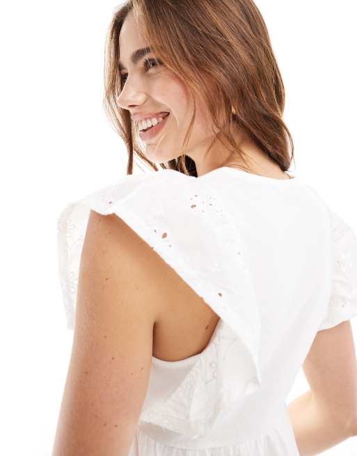 Miss Selfridge - Aangerimpelde mini jurk met broderie-mouwen in wit, 4 van 4