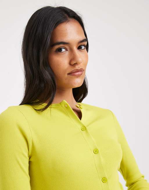 Miss Selfridge - Aansluitend geribbeld vest met lange mouwen in limoen, 3 van 4