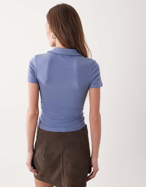 Miss Selfridge - Aansluitende geribbelde polotop met picotsteek in oudblauw, 2 van 4