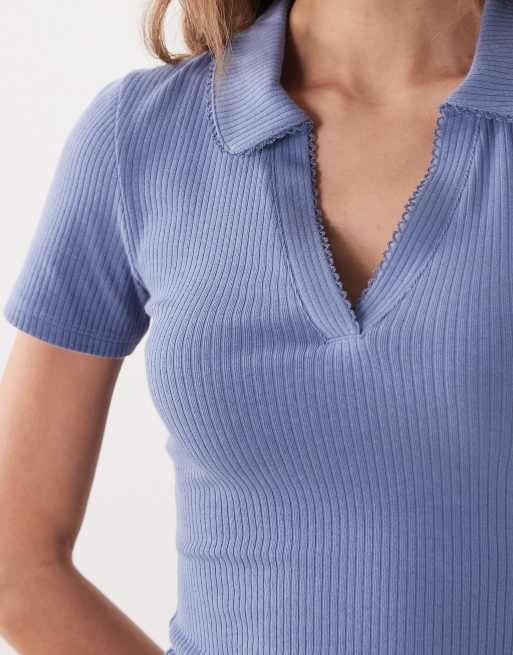 Miss Selfridge - Aansluitende geribbelde polotop met picotsteek in oudblauw, 4 van 4