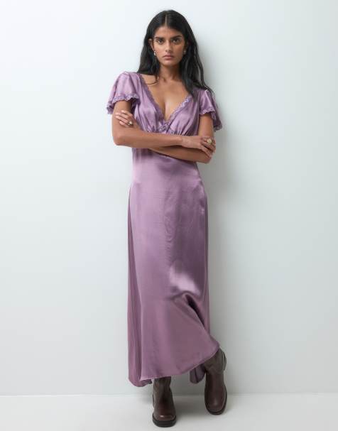 Miss Selfridge abito tea midaxi in raso e pizzo color uva - view 1