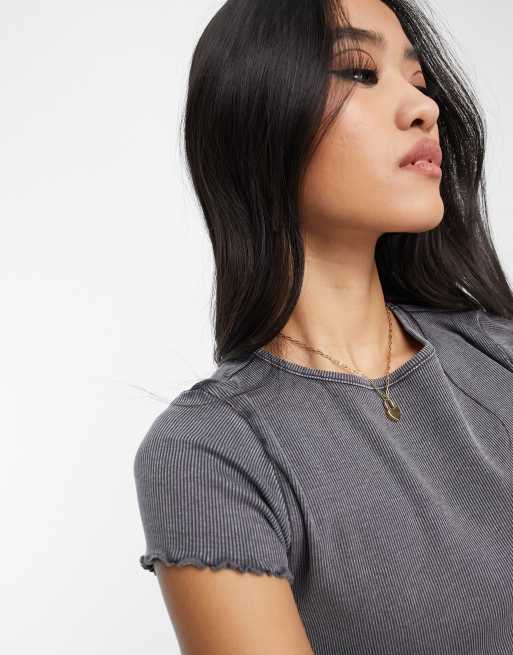 Miss Selfridge acid wash lettuce edge tee in grey 